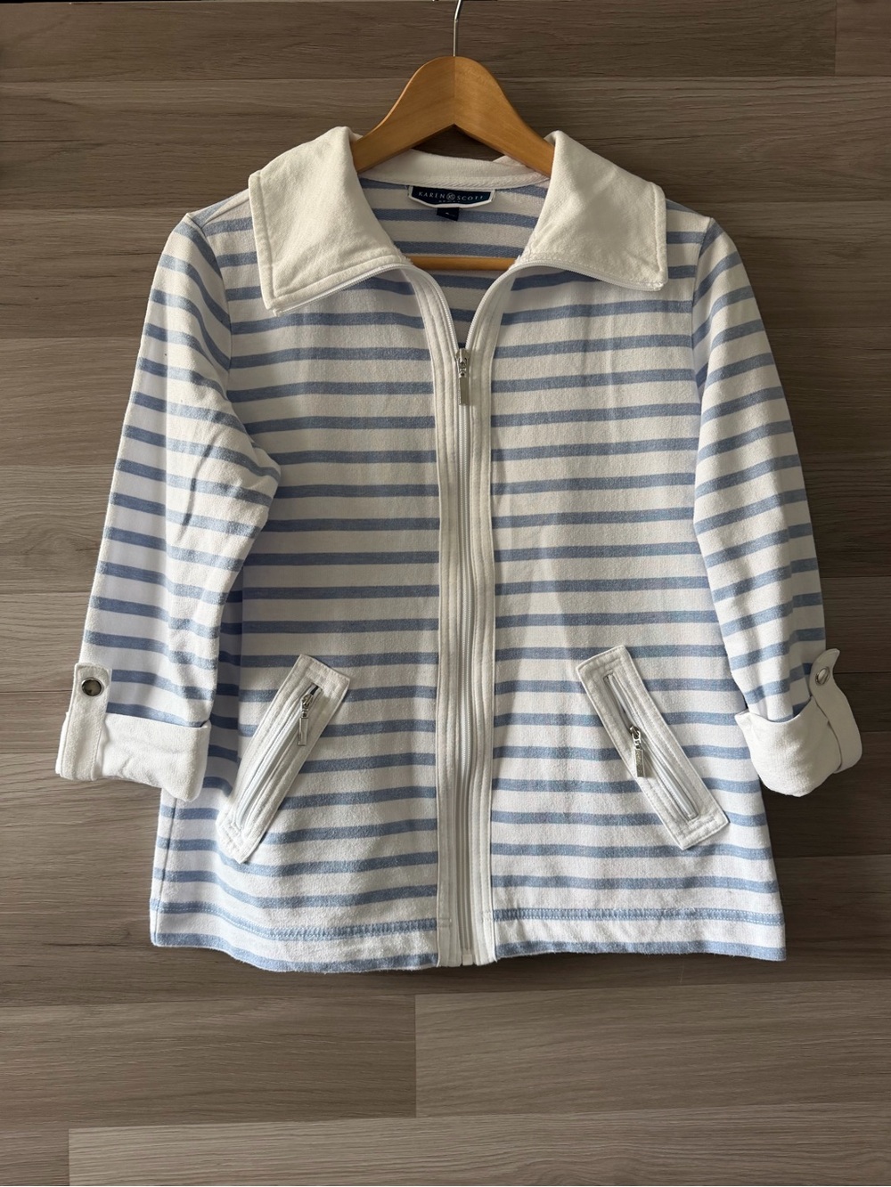 Karen Scott Sport Blue and White Striped Zip Up Jacket Size S